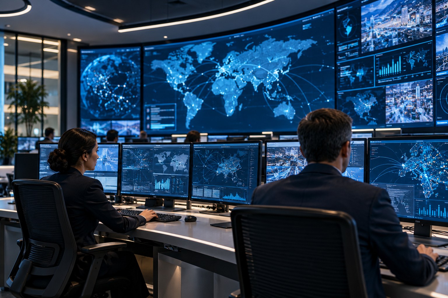 A modern security control centre with analysts and geographic displays